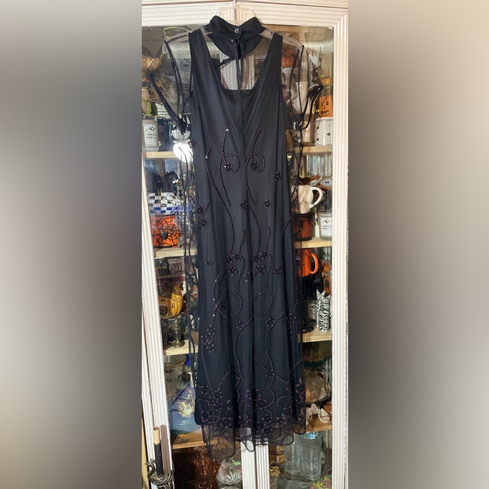 Vintage long Black dress pink floral rhinestones M 12 - Picture 3 of 7